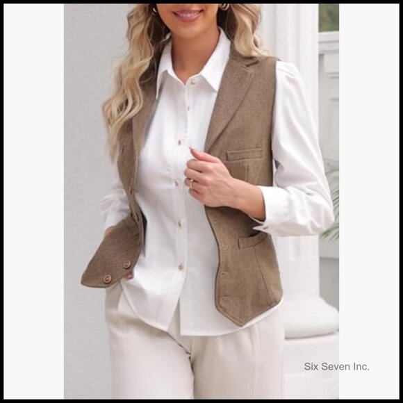 Herringbone Tweed Sleeveless Blazer Vest Lapel V Neck Office Wear - Picture 3 of 7